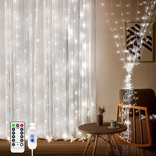 Curtain Lights Indoor Outdoor 200 LED 2m x 2m Fairy Lights USB Powered Christmas Window Lights with Remote 8 Modes Timer for Bedroom Outside Garden Patio Gazebo Party Wedding Decorations-Cool White