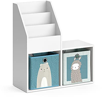 Vicco Kinderregal Luigi, Weiß, 30.9 x 79 cm | Mini, mit 2 Faltboxen opt.6, zur Aufbewahrung von Spielzeug und Büchern kombinierbar