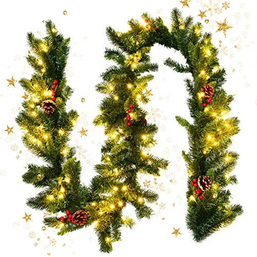 GYMAX Corona e Ghirlanda Natalizia di 270 cm, 100 Luci a LED a Batterie, Timer, con Pigne, Bacche, Decorazioni Natale per Camini, Scale e Porta (Stile 4)