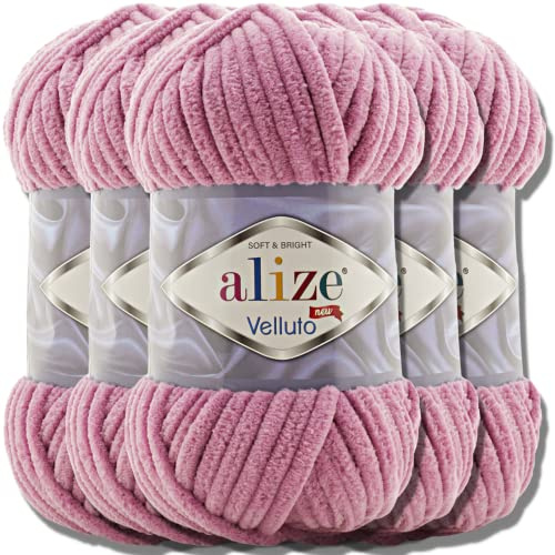 Hobby YARN 3x Etikettenlabel mit Alize Velluto Wolle Premium 5x100g als Set, Chenille Dicke Wolle zum Häkeln Uni Farbe Bulky Amigurumi Kuschelwolle Filzwolle (Pink | 98)