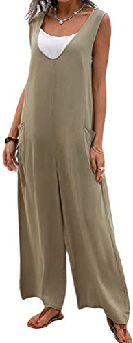 Onsoyours Salopette In Lino Da Donna Pantaloni Siamesi Sling Senza Maniche Pantaloni Larghi Tuta Casual Allentata Salopette Morbido Cotone Lino Tutina Regolabile Romper Con Tasche Cachi S