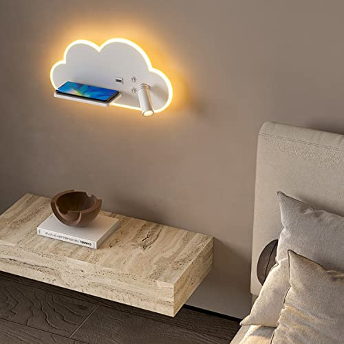 AAOTE LED Cloud Wall Light Indoor with USB Charging Port & Qi Wireless Charger, Adjustable Bedside Wall Lamp with Switch, 350° Rotatable Reading Lights with Shelf, Warm White, 12W + 3W (Left)