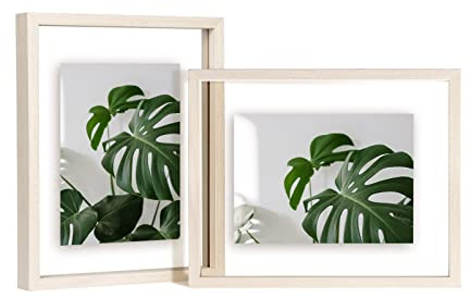 EGOFINE 10x8 Floating Frames Set of 2, Made of Solid Wood Display Any Size Photo up to10x8, Double Acrylic Picture Frame,Wall Mount or Tabletop Standing, Oka White