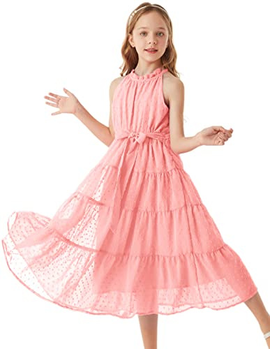 GRACE KARIN Mädchen Prinzessin Kleider Neckholder Swiss Dot Kleid Party | Midilang,Neckholder,Elastischer Bund,Mit Ziergürtel,Party,Hochzeit