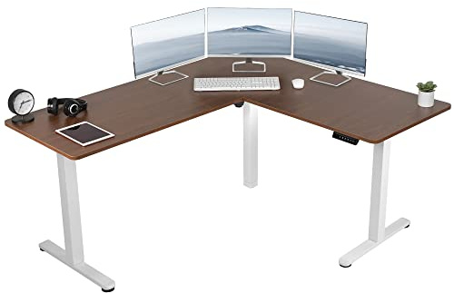 VIVO Corner Standing Desk, 63 x 55 inch Reversible L-Shaped Workstation, Electric Height Adjustment, Home, Office, and Reception Rooms, Dark Walnut Table Top White Frame, DESK-E3CTWD