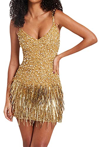 Glitzernde Quasten, Fransen, Flapperkleid, tiefer V-Ausschnitt, Spaghetti-Pailletten, Glitzer, Mini-Tanzkleid, Partykleid, E-Gold, M