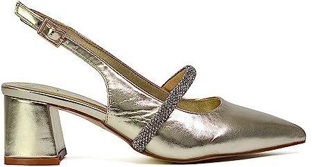 Womens Low Heel Bridal Shoes Ladies Pull On Slingback Diamante Strap Gold Wedding Party Pointed Toe Courts Pumps Size 6