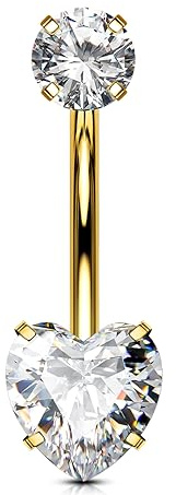 OUFER Body Piercing Internally Bauchnabelpiercings 10/12/14/16mm Gold Titan 14G Belly Piercing Double Heart Nabelpiercings Clear CZ Belly Button Bars Belly 1.6mm Navel Bars Navel Piercing Jewellery