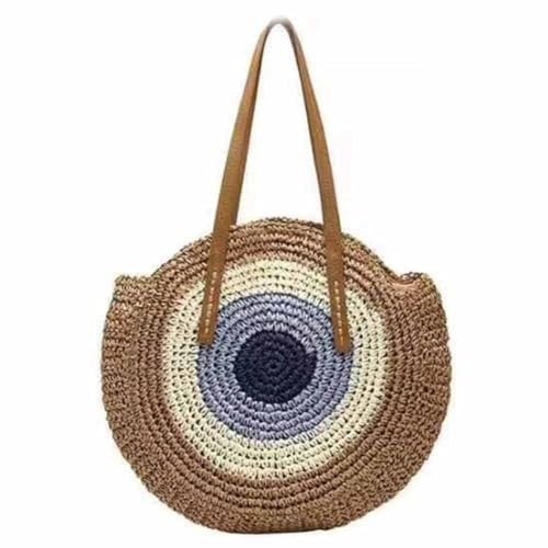 SHTGOI Rund halmväska för kvinnor, vintage, handgjord axelväska, stor kapacitet, strandväska, böhmisk axelväska, korgväska med dragkedja, flätad väska för resor, semester, beige, 4#