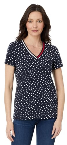 Tommy Hilfiger Maglietta da Donna a Righe con Scollo a V con Stampa a V, Sky Captain/Bianco Brillante, S