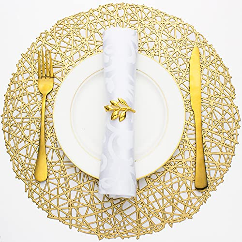 Evevda Juego de 4 manteles individuales redondos dorados para mesa de comedor, de vinilo prensado, metálico, huecos, para decoración de mesa, vacaciones, boda, centro de mesa