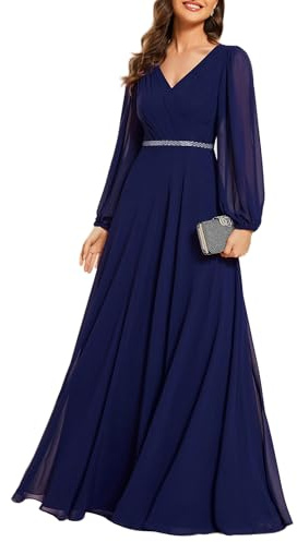 Vestido De Noche para Mujer Vestido Cuello en V Vintage De Otoño De Manga Larga Azul Marino 40