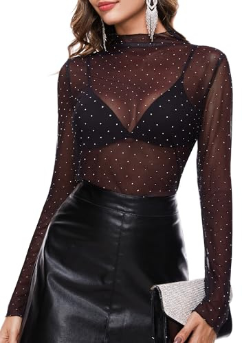 BBX Lephsnt Black Mesh Top Long Sleeve Mock Neck Sheer Tee Shirt Sexy Lace Glitter Tops Lightweight