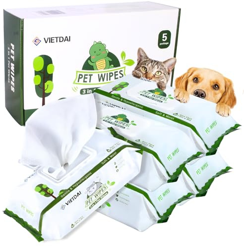 VIETDAI Toallitas Perros Higiene Patas - 400 Hojas Extra Gruesa Toallitas Gatos Sin Olor para Limpiadoras Perro Ojos Orejas Cuerpo y Pelo Toallitas Mascotas con Aloe Vera y Vitamina E
