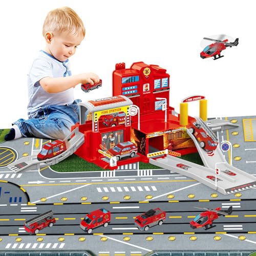 deAO City Feuerwehr Fire Station mit Feuerwehrauto, Hubschrauber, Feuerwehr Büro Bauen, Feuerwehrstation Bauspielzeug-Set für Kinder mit Spielkarte für Jungen und Mädchen ab 4 5 6 7 Jahren (Rot)