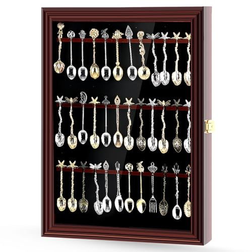 Silipull Spoon Display Case Wall Mount,Cherry Finish,36 Souvenir Spoon | Wood Cabinet with UV Acrylic Door, Lockable Storage Rack for Teaspoon Collection, Wall Mounted Holder Protects Souvenir