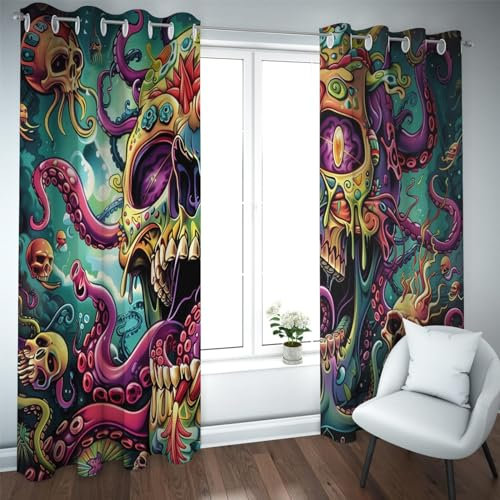 Deertweet Home Gothic Schädel Verdunkelungsvorhänge Ocean Kraken Oktopus Muster Fenstervorhänge für Schlafzimmer Wohnzimmer wärmeisolierte Vorhänge 2 Paneele H214xB132