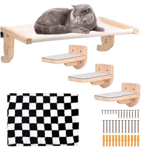 Katzenhängematte und Wandregal, Holzmöbel für Katzen, Schlaf- und Spielplattform