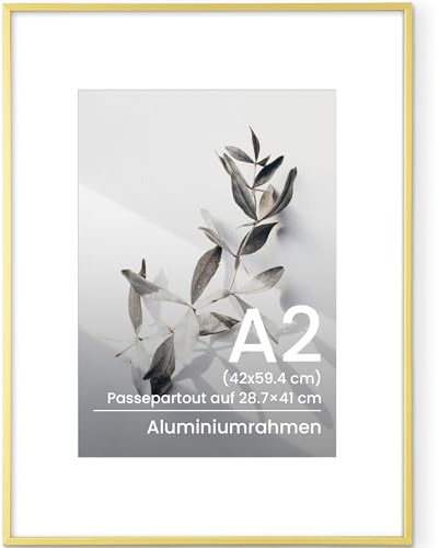 Feihorrm Bilderrahmen A2 42x59,4 cm Metall Gold Rahmen mit Glas | Moderner A2 Posterrahmen für Fotos, Plakate, Kunstwerke oder Zertifikate – Stabiler Aluminium Fotorahmen für Wandmontage