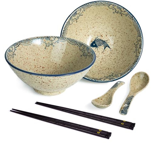 HLWDXno1 Ramen Bowl Set of 2 Ceramic Noodle Bowl with Chopsticks & Spoons 1200ml Large Soup Bowls Japanese Style Retro Porcelain Microwave Tableware Ramen Gift Set for Salad,Pho,Pasta,Udon, Fish