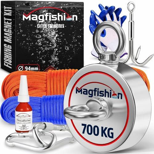 MAGFISHION Magnetfischen Set - 700 KG (2x 350kg) - Ø94mm - Magnet Fischen | Neodym Magnet mit 2 Seilen, Greifhaken & Handschuhe - Ösenmagnet - Fishing Magnetangel - Magnetangeln Set