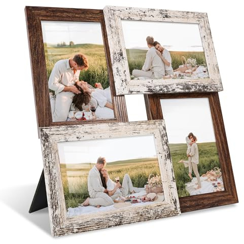 YESKAY 4x6 Collage Picture Frames, Multi Family Photo Frame with Real Glass, Displays Four 4x6 Photo, Wall Decor Wall Hanging or Tabletop, Distressed White+Rustic Brown