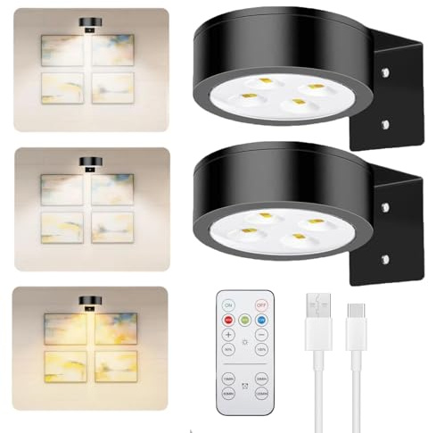 2 Stück Bildbeleuchtung Kabellos mit 3 Farbtemperaturen, Magnetisches Mallicht mit Timer, Picture Lights for Wall, Bilderlampe Bildbeleuchtung Kabellos, Dimmbare LED Wandlampe Akku (Schwarz*2)