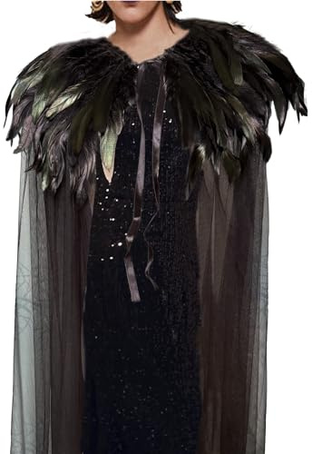 Yoodeet Gothic Federn Cape mit Tüll, Schwarz, Kostüm Umhang mit Federkragen