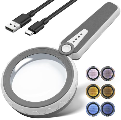 HUIBOER 45X Magnifying Glass with Light for Reading – Large 4.6 Rechargeable LED Magnifier with 6 Color Modes, 1200mAh Battery – Magnifying Glass for Seniors, Close Work, Hobbies
