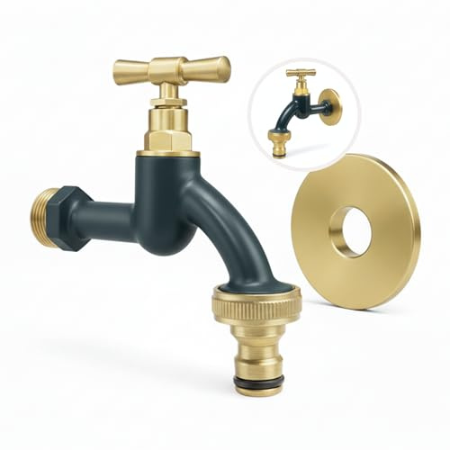 LIVLIG Robinet de jardin de qualité supérieure - Résistant au gel - Avec rosace et raccord de tuyau - En laiton - Design doré - Avec revêtement par pulvérisation - Anthracite