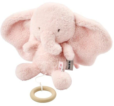 Nattou Spieluhr aus Langflor-Plüsch, Elefant, Wiegelied «La-Le-Lu», Mit Ring, 100% Polyester, FanFan, Rosa