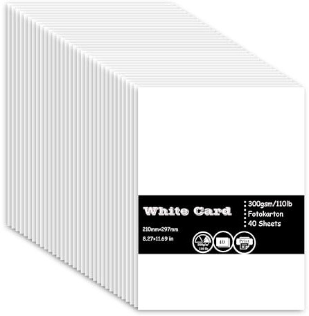 40 ark tonkartong a4 vitt, 300 g/m² tonpapper – DIN A4 21 x 29,7 cm, premium fotokartong pysselkartong skrivarpapper för målning korttillverkning inbjudningar scrapbook hantverk