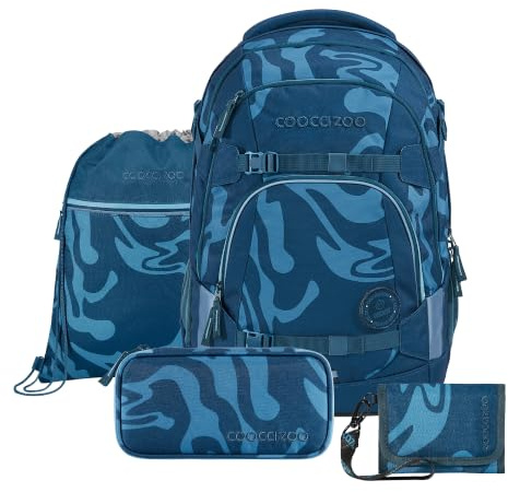 coocazoo Schulrucksack-Set Mate „Breaking Waves, blau, 4-TLG. | ergonomischer 30L Tornister, höhenverstellbar mit Hüftgurt, für Kinder ab der 5. Klasse