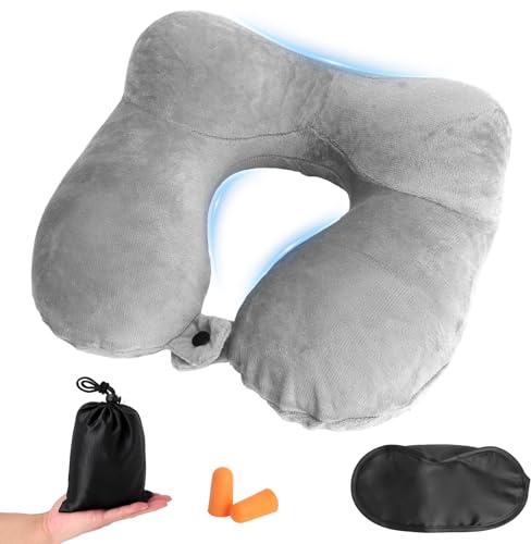 GZRXIOUS Nackenkissen Flugzeug Aufblasbar, Ergonomisch Nackenhörnchen Erwachsene Reisekissen Aufblasbar mit Augenmaske und Ohrstöpsel für Reise, Camping, Zug, Auto, Flugzeug, Büro(Grau)