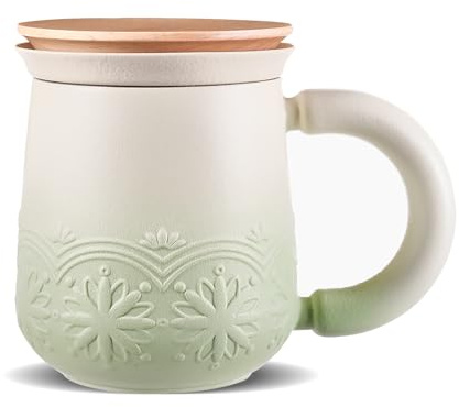 ZENS Tasse a The avec Infuseur et Couvercle, 330ML Tasse à Thé en Vrac | Céramique Mate Tasse a The avec Infuseur, Poignée en bois, Tisaniere les amateurs de thé Cadeaux, Vert