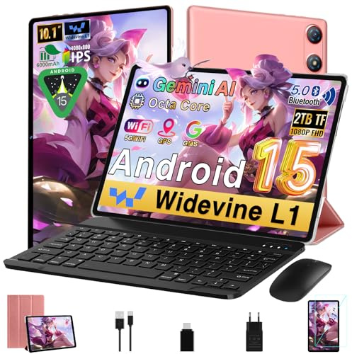 Tablette Android 10 Pouces 64Go ROM + 2To TF, 1280*800 FHD IPS,, Gemini AI, Octa-Core 2.0GHz 5G WiFi, Widevine L1, 5MP+8MP, Veille Extra Longue, Face ID, Bluetooth 5.0, Tablette avec clavier - Or Rose
