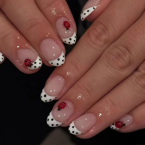 Celblisora 24 Stück Polka-Dot French-Tip Press-on-Nägel, kurze ovale 3D rote Marienkäfer-Designs Acryl Full-Cover Kunstnägel glänzend wiederverwendbar