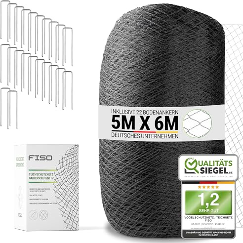 FISO® Teichnetz - 5x6m I Vogelschutznetz engmaschig, robust, witterungs- & UV-beständig I Schwarzes Teich Netz feinmaschig (15x15mm) I Netz zum Schutz von Teich, Balkon, Kirschbaum & Mehr