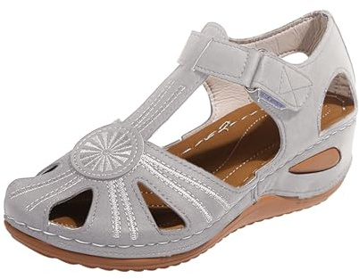 Generisch Sandalias de Verano Mujer 2025 Punta Cerrada Cómoda Elegante Sandalia Bohemia Correa de Tobillo Antideslizante Hueca Tacón Cuña Transpirable Soporte Arco