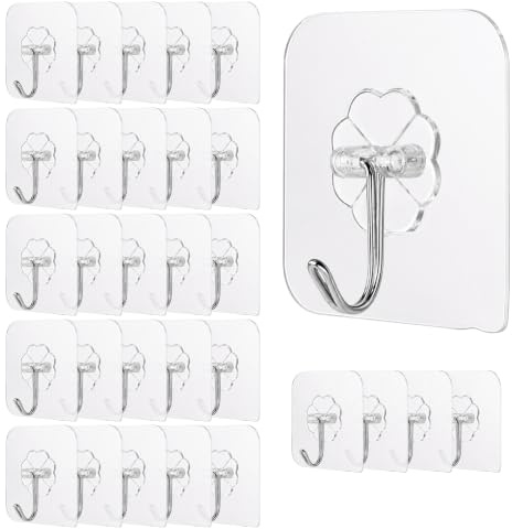 KRUMAD Klebehaken Extra Stark 30 Stück, Selbstklebend Haken ohne Bohren | Max. 3 kg, Transparent, 6x6x0,1 cm, Kunststoff + Metall, um 180 Grad Drehbar, Geeignet für Holz, Möbel und Fliesen