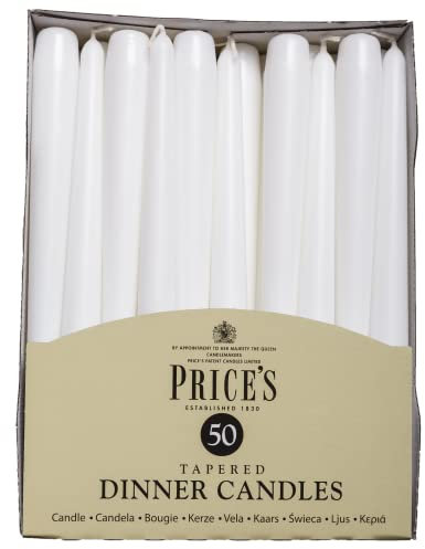 Price's Candles Tapered Dinner Candles White Unscented Wax Pack of 50 | 7 Hour Burn Time Elegant Long Candles for Home Decor, Events, Celebrations & Dining