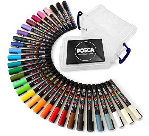 Posca Water Based Permanent Maker Paint Pen - Multi Surface Use - PC-3M 0.9-1.3mm Nib - Set of 32 Pens in a Clear Plastic Tub
