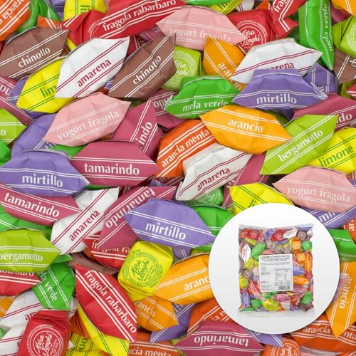 Mera & Longhi Caramelle alla Frutta Dure - Confezione da 1 KG - Caramelle Senza Glutine e Senza Lattosio - Caramelle Incartate Singolarmente Misto Frutta – Caramelle artigianali Made in Italy