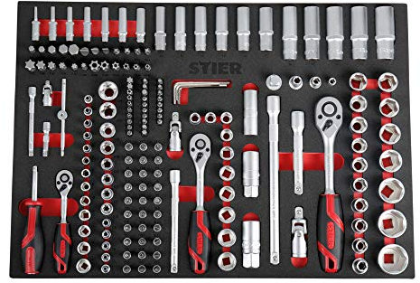 STIER Steckschlüsselsatz,179-teilig, in Weichschaumeinlage, 1/4 Zoll 3/8 Zoll 1/2 Zoll, mit Umschaltknarren, als Einlage Werkstattwagen, Chrom-Vanadium-Stahl