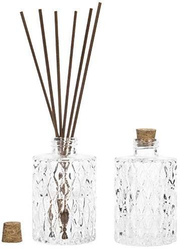 MyGift Small Clear Glass Reed Diffuser Bottles, Vintage Embossed Apothecary Style Flower Bud Vases with Cork Lids, Set of 2