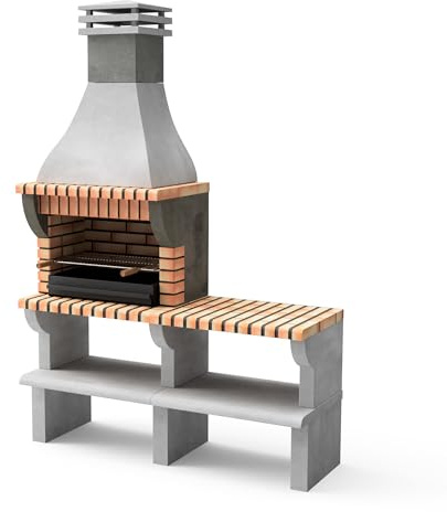 Movelar Maipu XL vorgefertigter Grill aus Holz und Kohle, mit 1 Seitenständer (Grau, Orange – 165 x 58 x 245 cm), Ref: 3535/3 – Outdoor-Küche mit Grillrost und Metallrost