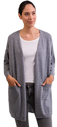 CASH-MERE.CH 100% kashmir dam cardigan lång, rakt snitt | lång kofta 2-trådig, GRÅ, XL