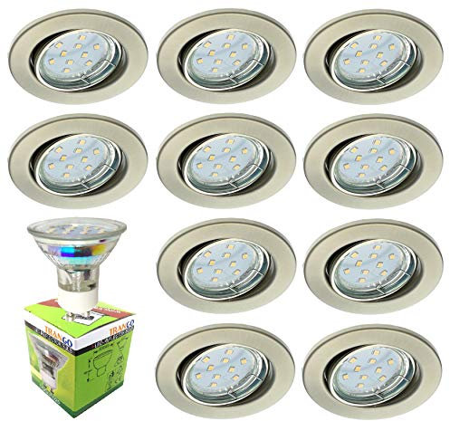 Trango 6729-102GUSDAK 10er Set LED Deckenstrahler in Edelstahl-Optik Rund inkl. 10x 5 Watt 3-Stufen dimmbar GU10 LED Leuchtmittel 3000K warmweiß Einbaustrahler, Einbauspot, Deckenleuchte, Deckenspots