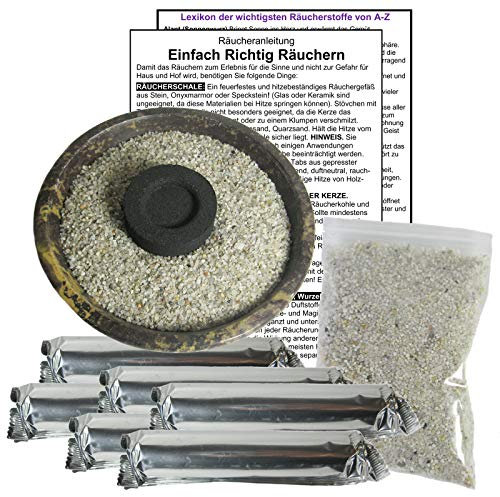 RÄUCHERSCHALE 10cm zum RÄUCHERN & AUSRÄUCHERN mit ZUBEHÖR für jedes RÄUCHERWERK & WEIHRAUCH. 9-tlg Räucher SET. Naturstein Schale + 60 x Räucherkohle + Räuchersand + Räucheranleitung. 81589-B10