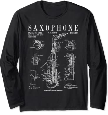 Saxophone Old Vintage Patent Drawing Print Long Sleeve T-Shirt